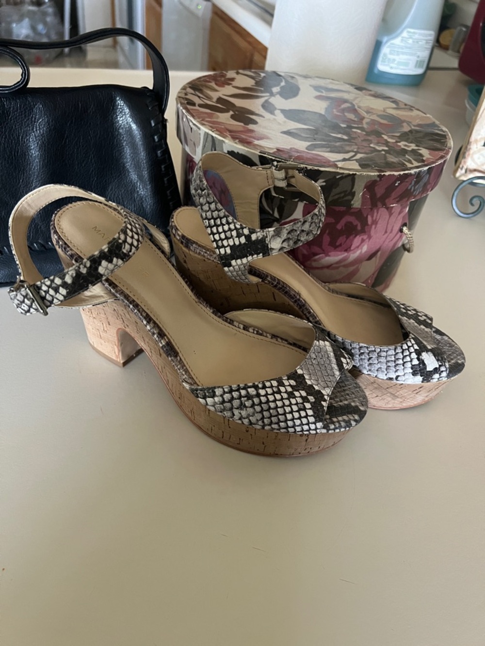 Marc Fisher Black & White Snake-Print Platform Sandals